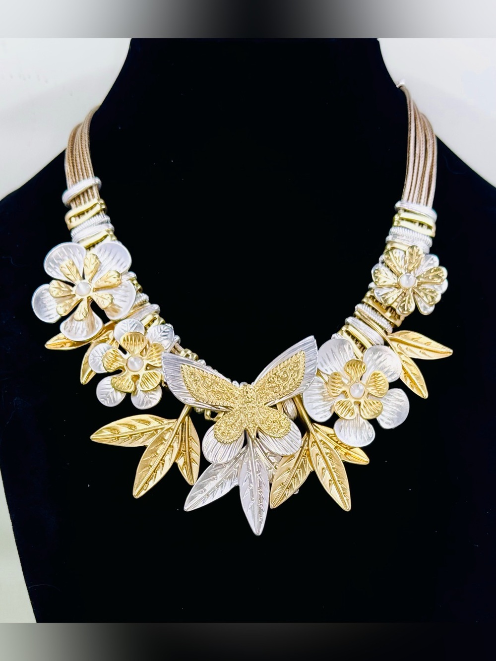 Floral Butterfly Two-Tone Gold & Silver Layered Statement Necklace 20”